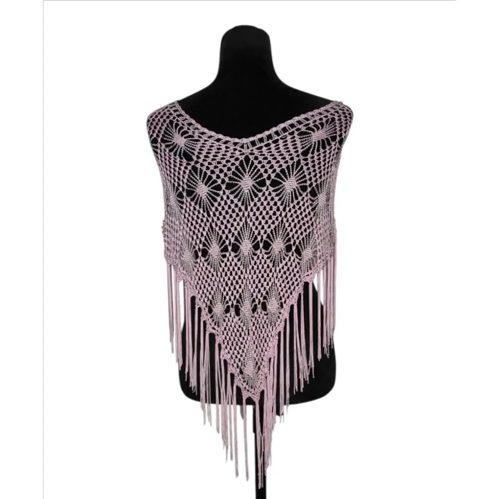 Crochet Poncho Beaded Baby Pink Floral Fringe Fairy Boho Festival Beach Cover Up